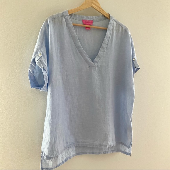 Isaac Mizrahi Large  Light Blue V-Neck 100% Linen Blouse - Picture 4 of 11